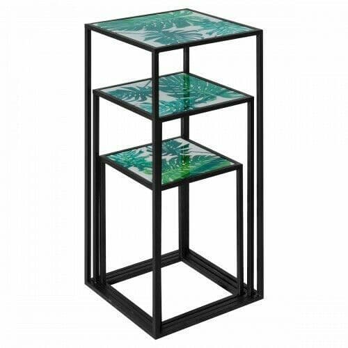 Nest of 3 Tall Tables - Green Leaf Design - Acrylic Top - Black Frame