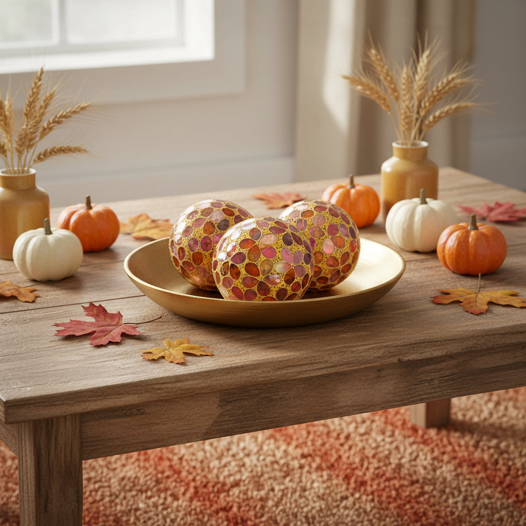 Brown Autumn Flower Tile Balls 10.5cm - Set of 3