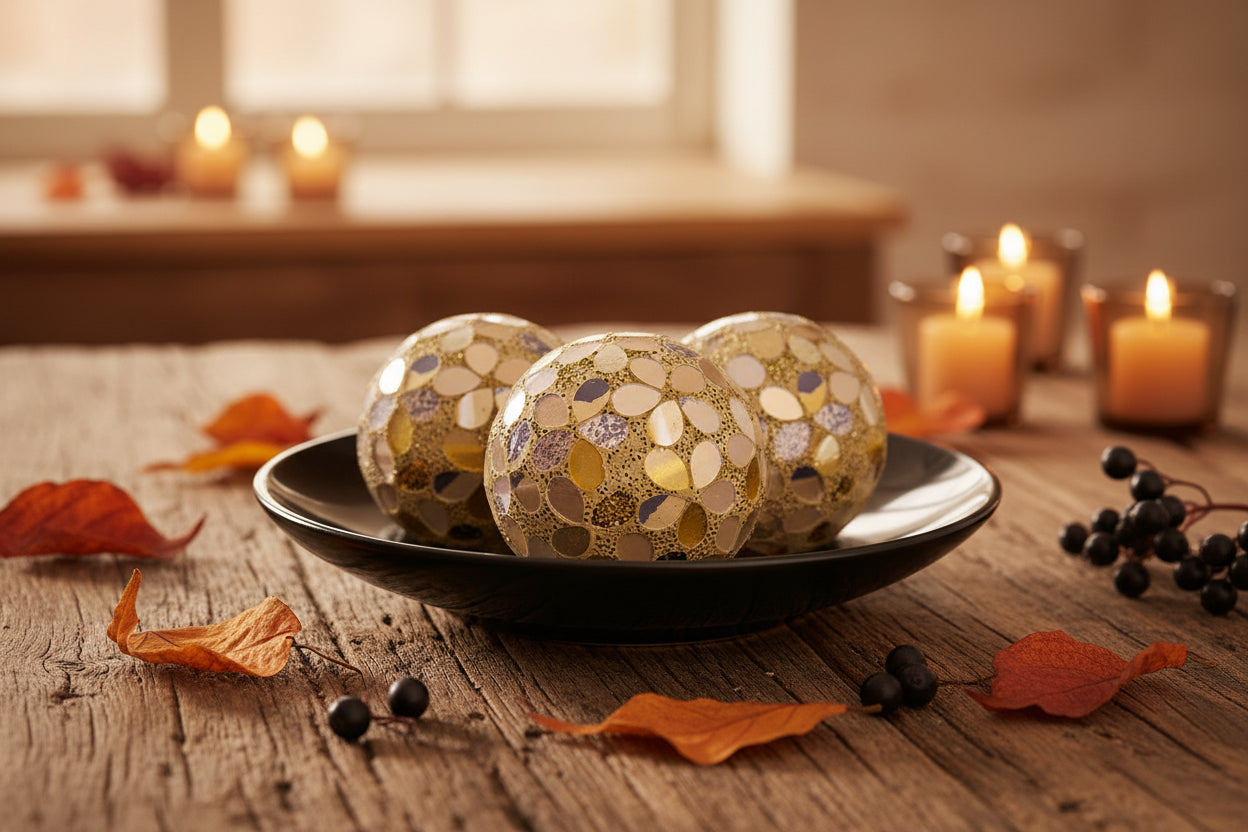 Gold Autumn Flower Tile Balls 10.5cm - Set of 3